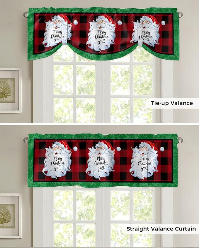 Merry Christmas Y'all Blackout Tie Up Valance Curtains for Kitchen Windows Xmas Santa Claus Window Toppers Balloon Shades for Living Room/Bathroom/Bedroom,1 Panel,42" X 12" Red Buffalo Plaid