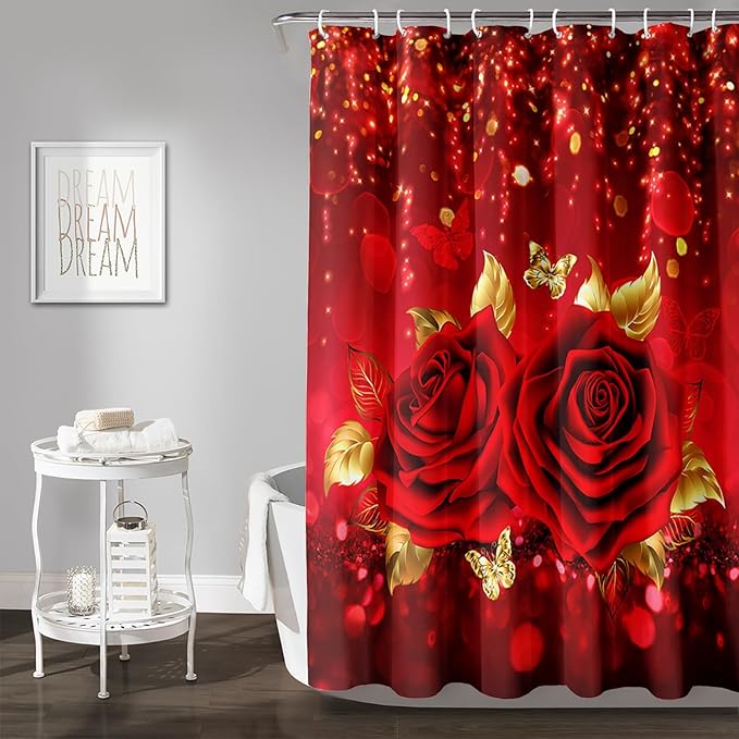 AILONEN Red Rose Shower Curtain for Bathroom,Romantic Rose Flower Waterproof Bath Curtain,Girls Women Curtain Bathroom Decor 48" W x 72" H with 12 Plastic Hooks