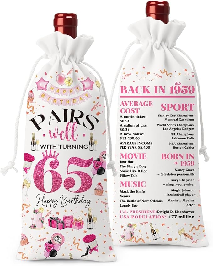 65th Birthday Gifts for Women Men Wine Bag, 65 Year Old Birthday Gifts for Women, 65th Birthday Party Decorations for Women Men, Pairs Well with Turning 65 Wine Bags (White Pink)