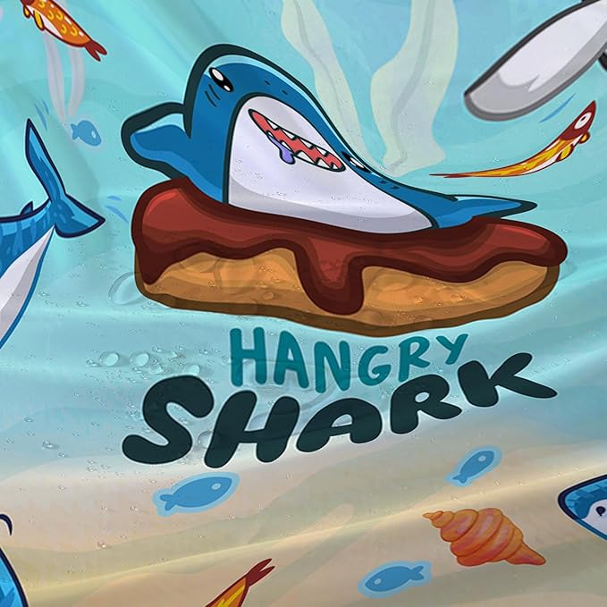 AILONEN Cartoon Shark Shower Curtain,Kawaii Donut Shark with Marine Life Bath Curtain Set for Kids Girls Boys,Fish Seaweed Fabric Shower Curtains for Bathroom, 72" W*72" H