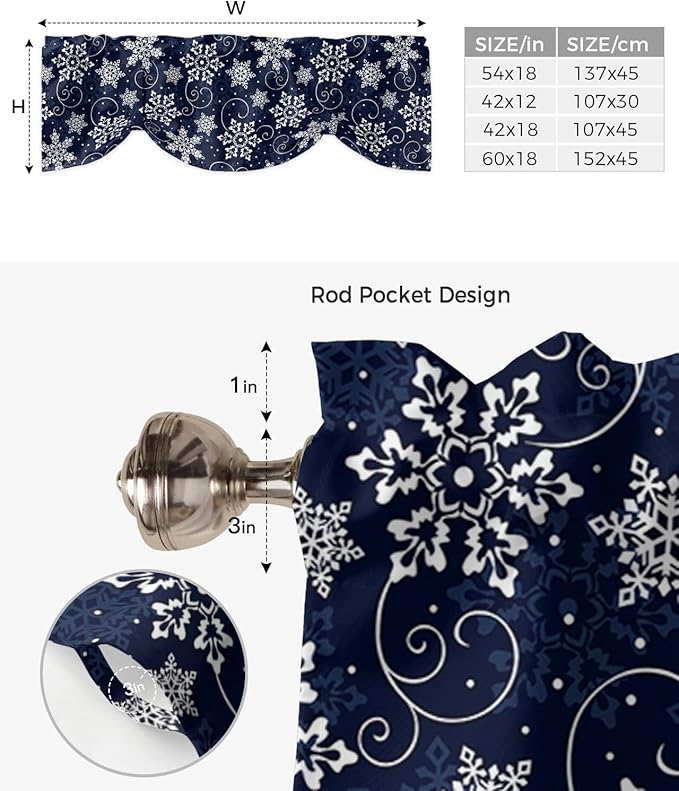 Christmas Blackout Tie Up Valance Curtains for Kitchen Windows White Navy Snowflakes Pattern Window Toppers Balloon Shades for Living Room/Bathroom/Bedroom,1 Panel, 54" X 18", Winter