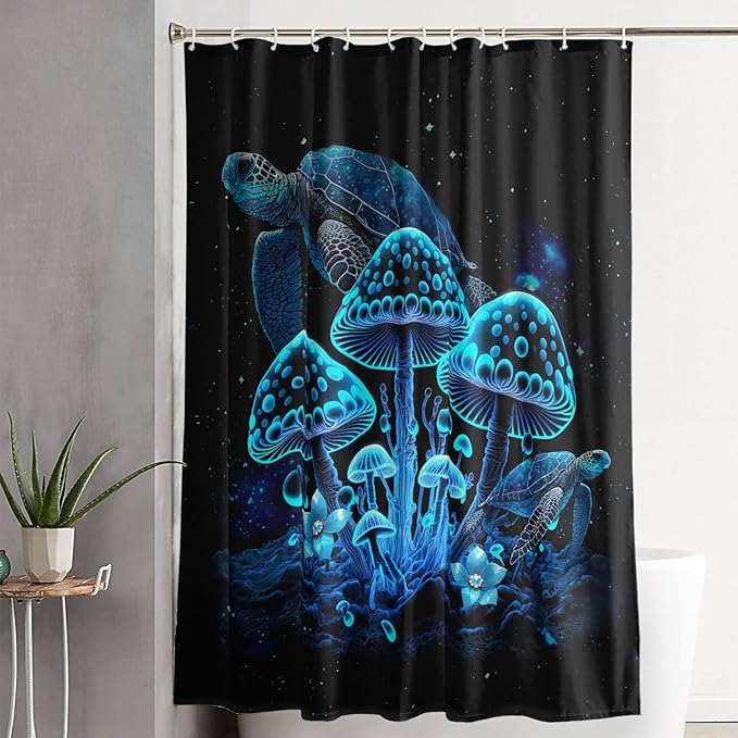AILONEN Blue Magic Mushroom Shower Curtain,Cartoon Turtle Pattern Shower Curtain Set for Kids Girls Boys,Boho Style Bathroom Decor Shower Curtain with 12 Hooks,72" W*84" H