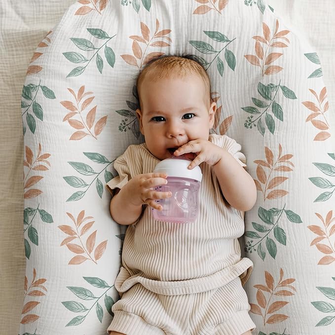 Muslin Bassinet Fitted Sheets, 2 Pack for Baby Boy and Girl, Soft Breathable Baby Pad/Mattress Sheet, Fit for Hourglass Oval and Rectangle Bassinet Mattress (Bright Leaves, Bassinet Sheets 2 Pack)