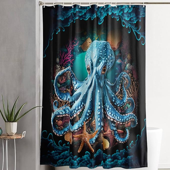 AILONEN Cartoon Blue Octopus Shower Curtain for Bathroom,Funny Octopus Bath Curtain for Kids,Boys,Girls,Ocean Animal Starfish Theme Waterproof Fabric Shower Curtain Set with Hooks,48" W*72" H