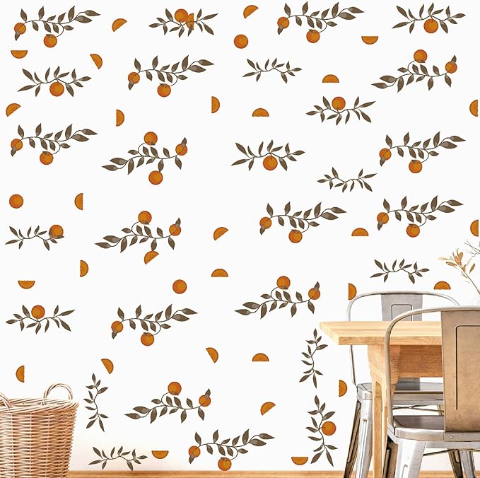 Orange Leaf Wall Stickers Boho Fruit Leaf Wall Stickers Removable Botanical Vintage Fruit Wall Decals Citrus Green Leaves Orange Wall Stickers for Nursery Kids Room Bedroom Kitchen Decor