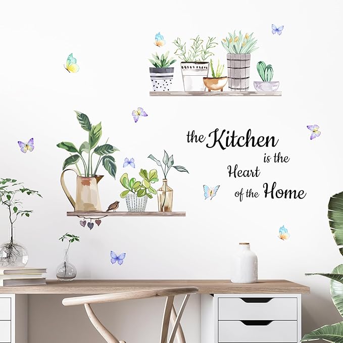 Green Plants Shelves Wall Deals Potted Plants Leaves Wall Stickers The Kitchen is The Heart of Home Word Saying Peel and Stick Wall Art Decals for Kitchen Dining Room Restaurant Living Room Wall Decor