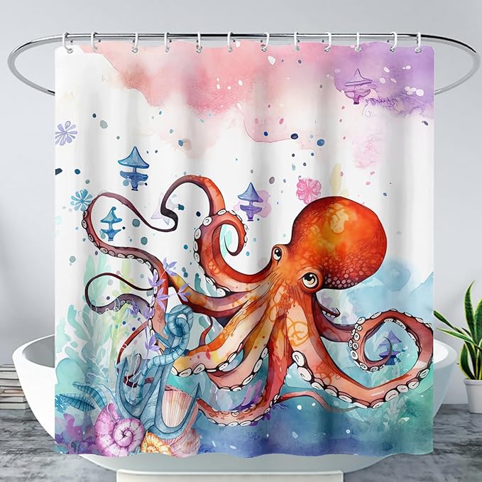 AILONEN Lovely Octopuses Shower Curtain Set, Red Cartoon Octopus Waterproof Fabric Shower Curtain for Bathroom,Watercolor Nautical Anchor Theme Cloth Bath Curtain with Hooks,60" Wx72 H