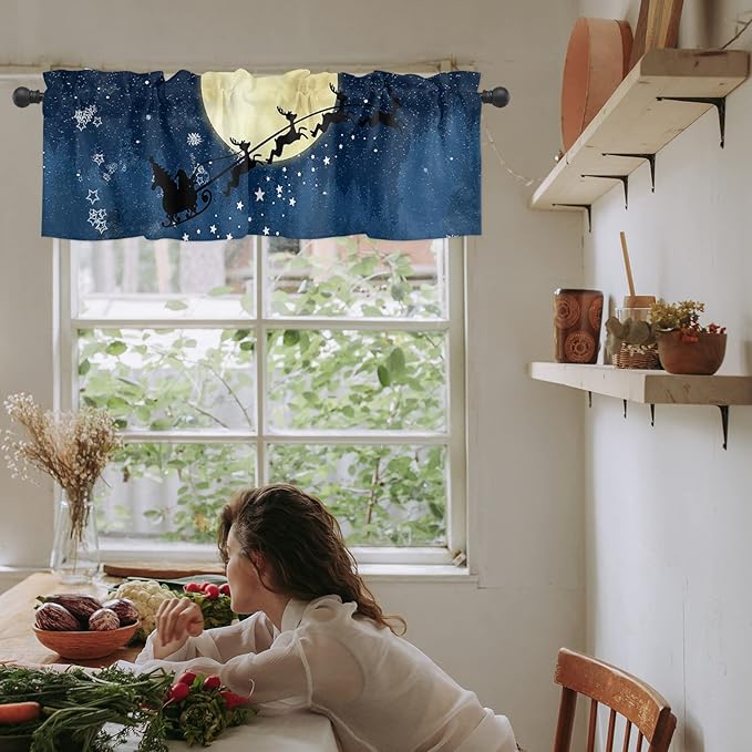 Christmas Kitchen Curtains Valances for Windows Santa Claus Reindeer Rod Pocket Window Treatment for Kitchen/Living Room/Bedroom/Bathroom,42" X 12" -1 Panel, Blue Snowy Night