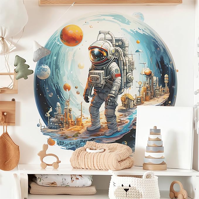 Space Astronaut Wall Stickers, sacinora Outer Space Planet Cosmic Galaxy Wall Decals Removable Vinyl Peel and Stick for Kid Baby Boy Nursery Bedroom Playroom Toddler Room Kindergarten Art Decoration
