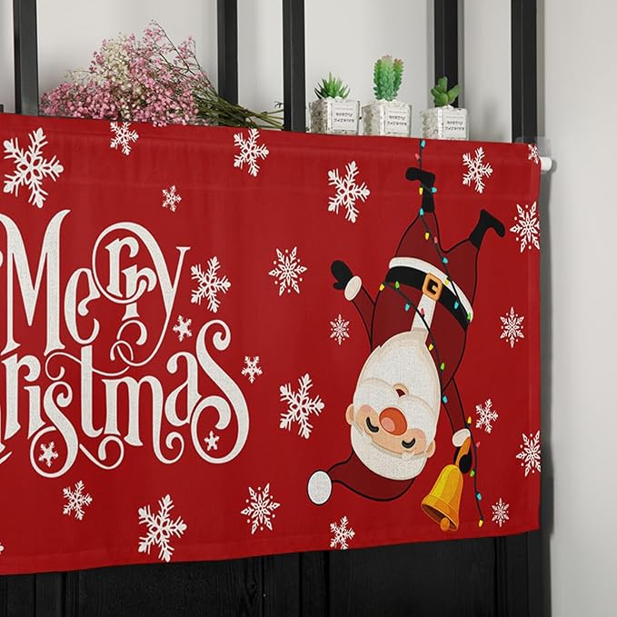 Red Merry Christmas Valance Curtains for Kitchen Windows Funny Hanging Santa Rod Pocket Window Treatment Toppers for Kitchen/Living Room/Bedroom/Bathroom, 54" X 18", Snow Winter Holiday