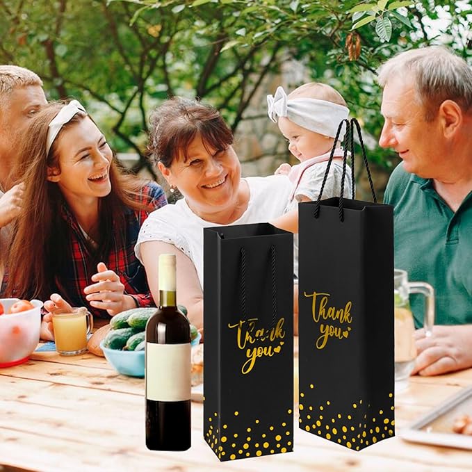 Ssyuysto 12 Pcs Wine Gift Bags for Wine Bottles Elegant Thank You Wine Gift Bags with Metallic Gold Foil Print Kraft Wine Gift Bags with Attractive Rope Handles for Wedding Bottle (Black)