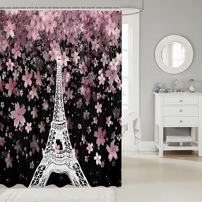 Feelyou Eiffel Tower Shower Curtain 72"x72" Kids Cherry Blossoms Bathroom Shower Curtain Set for Boys Girls Teens Romantic Paris Bath Curtain Floral Botanical Bathroom Accessories