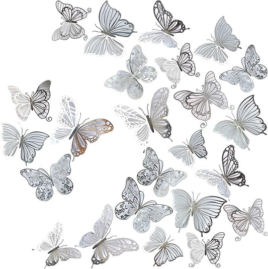 3D Butterfly Wall Decor 3 Sizes 4 Styles, Kurilai 48Pcs Butterfly Decorations Party Birthday Cake Decoration, Removable Wall Stickers for Kids Nursery Wedding Bedroom Room Decor (Silver)