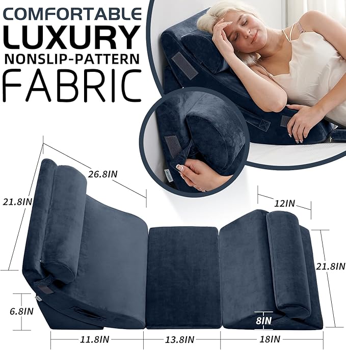 Qirroboni 6PCS Orthopedic Bed Wedge Pillow Set, Adjustable Pillows for Neck, Back and Leg Pain Relief Comfortable & Post Surgery Foam - Heartburn, Anti Snoring, Acid Reflux & GERD Sleeping Indigo