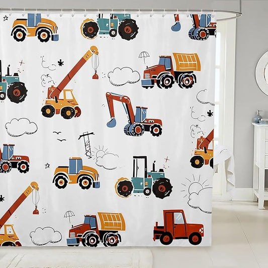 Feelyou Excavator Bathroom Shower Curtain Set Construction Vehicles Bath Curtain Equipment Trucks Shower Curtain Cartoon Car Kids Bathroom Accessories 72"x84"