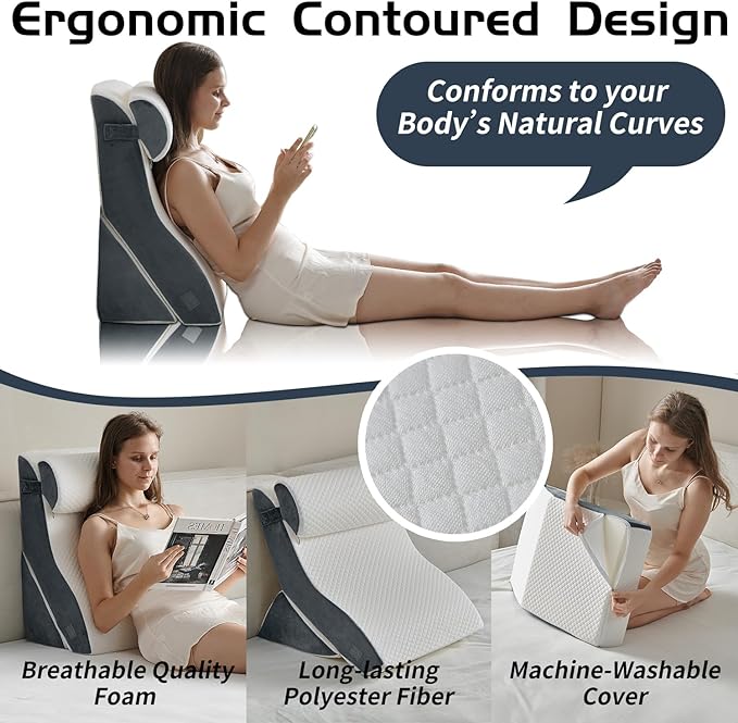Qirroboni 3PCS Orthopedic Bed Wedge Pillow Set, Adjustable Pillows for Neck, Back and Leg Pain Relief Comfortable & Post Surgery Foam - Heartburn, Anti Snoring, Acid Reflux & GERD Sleeping Light Grey
