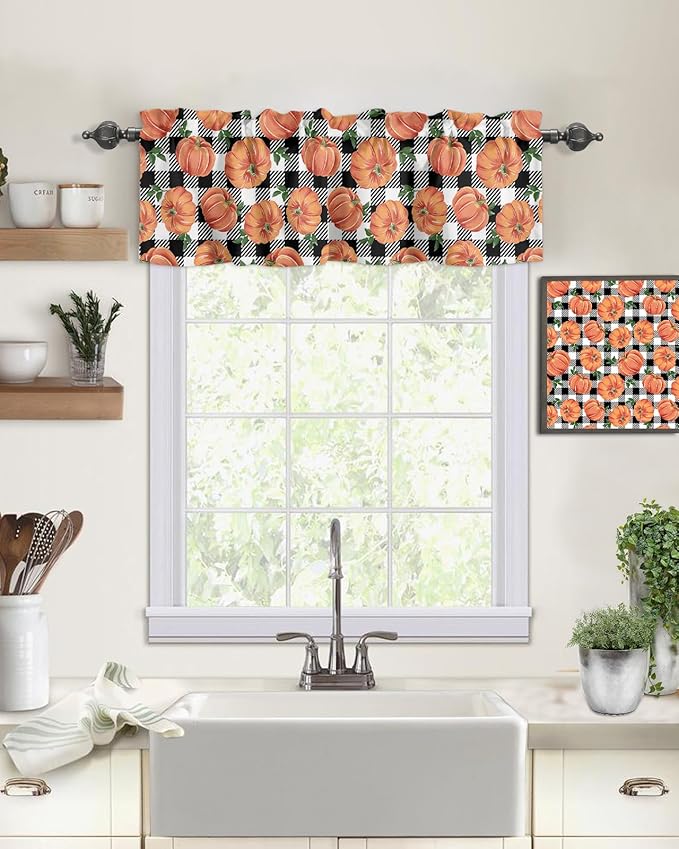 Fall Kitchen Curtains Valances for Windows Thanksgiving Halloween Pumpkins Rod Pocket Window Treatment for Kitchen /Living Room/Bedroom/ Bathroom,42" X 18"-1 Panel, Farmhouse Black White Buffalo Plaid