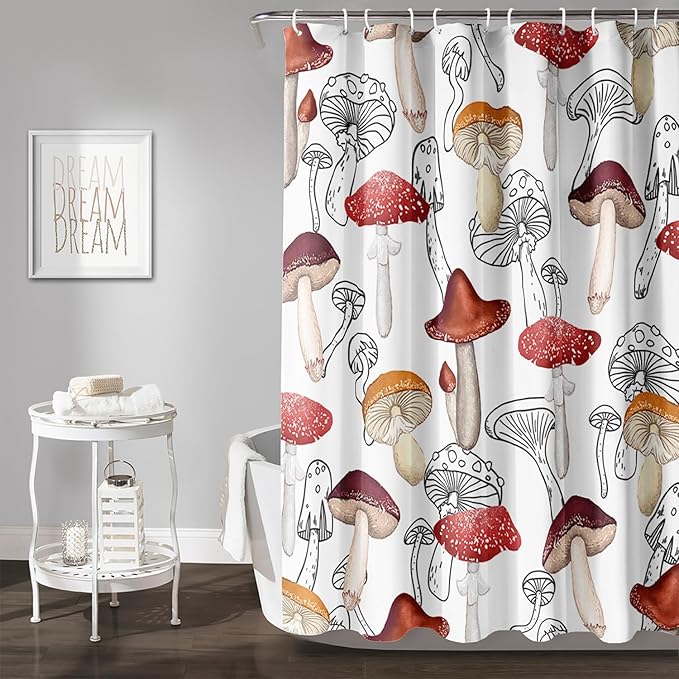 AILONEN Cartoon Mushroom Shower Curtain,Modern Shabby Chic Plants Fungus Themed Waterproof Bath Curtain,Minimalist Curtain for Bathroom Decor, 72" W x 78" H