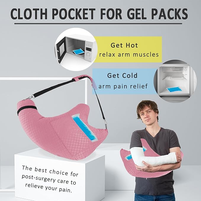 Shoulder Surgery Pillow Rotator Cuff Pillow Recovery and Pain Relief Removable with Shoulder Strap Arm Support Pillow for Side Sleeping and Walking (Dark Pink)