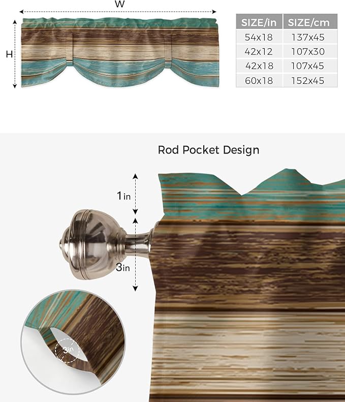 Farmhouse Blackout Tie Up Valance Curtains for Kitchen Windows Teal Turquoise Green Brown Country Window Toppers Balloon Shades for Living Room/Bathroom/Bedroom,60" X 18" Retro Rustic Barn Wood