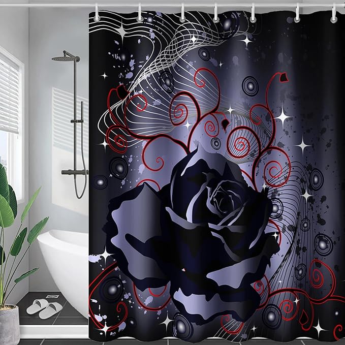 AILONEN Black Rose Shower Curtain for Women,Music Rose Bath Curtain for Bathroom Decor,Red and Black Art Polyester Waterproof for Girls with 12 Plastic Hooks,60" W*72" H Black
