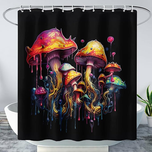 AILONEN Mushroom Shower Curtain,Oil Painting Mushroom Bath Curtain,Cartoon Mushroom Magic Fungus Print Black Waterproof Shower Curtain with 12 Plastic Hooks, 72" W x 96" H