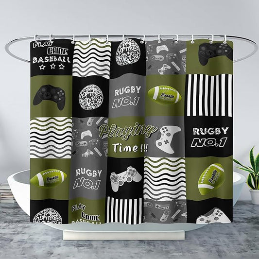 AILONEN Gamer Shower Curtain,Olive Green Ball Sports Waterproof Fabric Shower Curtain for Boys Kids Teens, 48" W*72" H Gaming Gamer Theme Shower Curtain Sets