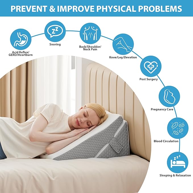 Bed Wedge Pillow for Sleeping, 9 & 12 Inch Adjustable Wedge Pillow for Back Pain Relief, 7-in-1 Memory Foam Triangle Pillow Wedge for Post Surgery, Acid Reflux, GERD, Snoring, White/Grey