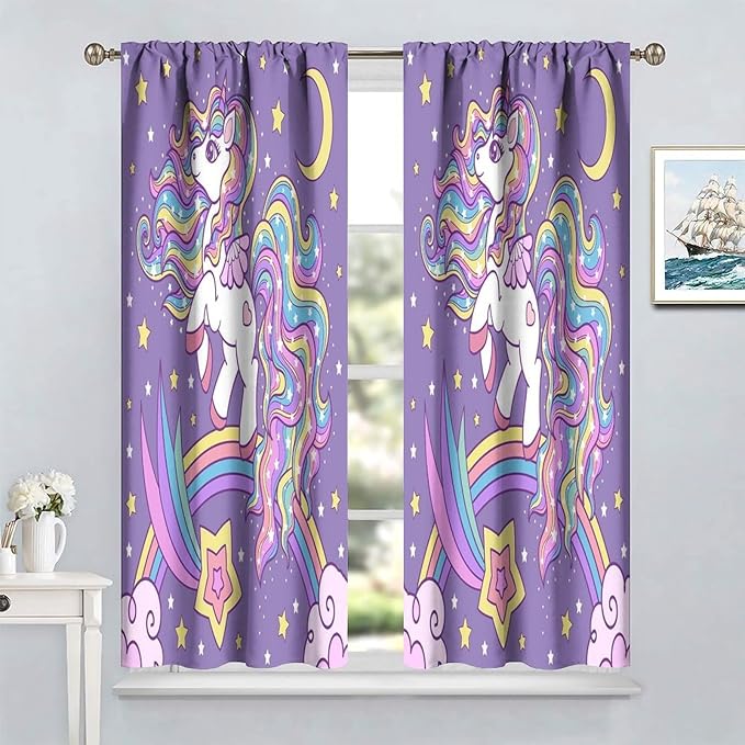 Unicorn Curtains Fantasy Star Moon Cartoon Theme Curtains Cute White Unicorn Rainbow Design Printed Curtains Boys Girls Room Curtains 42x45 Inch 2 Panels