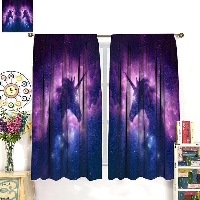 Unicorn Curtains Children's Cartoon Starry Sky Theme Unicorn Pattern Curtains Star Galaxy Boys Girls Room Blackout Curtains 63x72 Inch 2 Panels