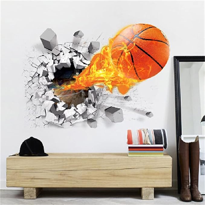 3D Fire Car Wall Sticker Decal Crack Hole fire Car Wall Art Decal Removable Broken Smashed Car Decoration Mural for Boys Bedroom Baby Kids Nursery Room (3D Fire Basketball)