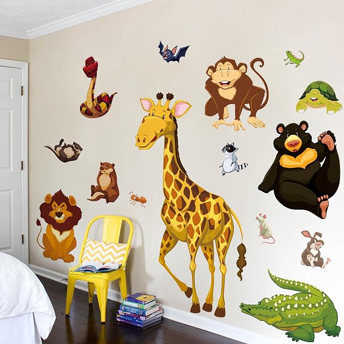 Jungle Animals Wall Decals Woodland Animals Wall Stickers Giraffe Lion Crocodile Bear Wall Sticker Removable DIY Peel and Stick Mural Art Decor for Kids Baby Bedroom Living Room