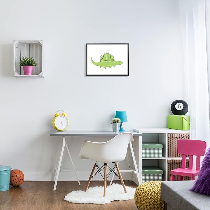 Stupell Industries Happy Green Dinosaur Small Finned Kids' Reptile, Designed by Ziwei Li Black Framed Wall Art, 16 x 20