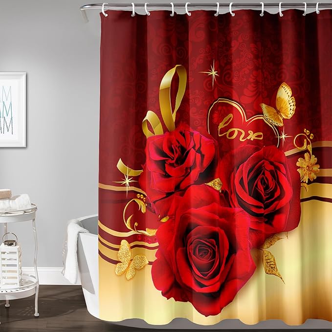 AILONEN Red and Gold Shower Curtain,Red Rose Hearts Printed Bath Curtain,Romantic Luxury Rose Flower Waterproof Curtain for Bathroom Decor 72" W x 78" H