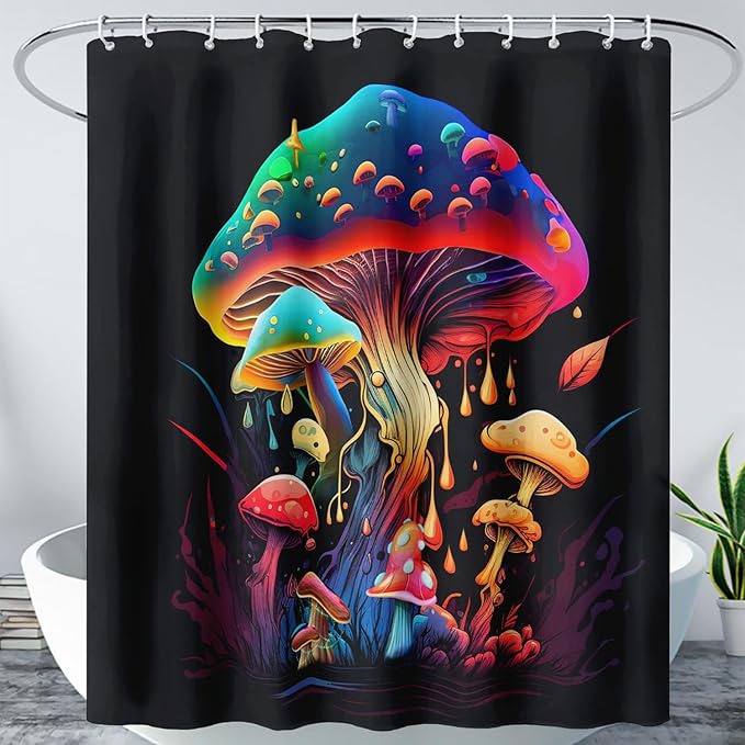 AILONEN Magic Mushroom Shower Curtain,Colorful Mushroom Shower Curtain Set for Bathroom,Natural Fungus Waterproof Fabric Bath Curtain for Kids Girl,Boho Style Bathroom Curtain with Hooks, 72" W*96" H