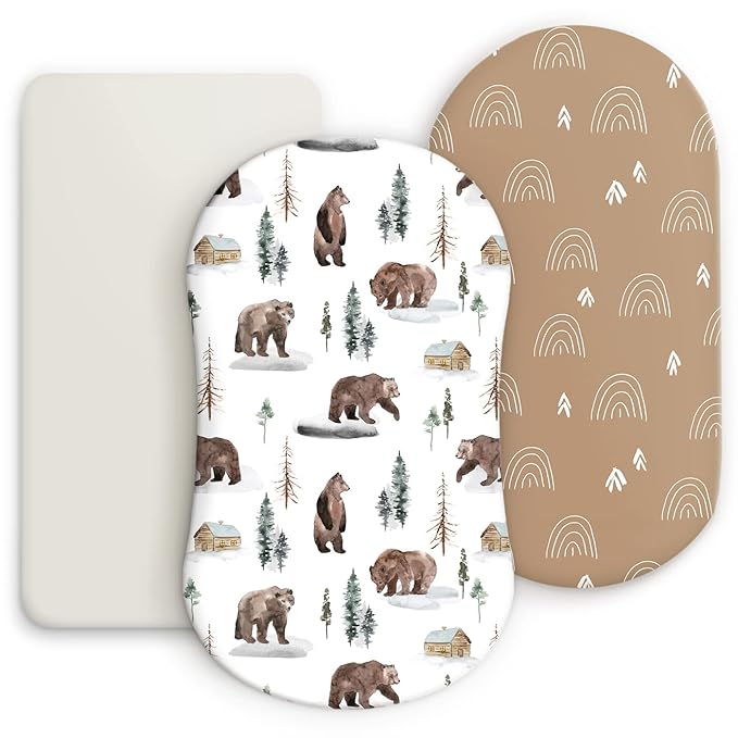 GRSSDER Stretchy Ultra Soft Fitted Bassinet Sheet Set 3 Pack, Universal Fit for Bassinets Baby Cradle Moses Basket Oval Rectangle Mattress Safe and Snug, Jungle Bear/Rainbow for Baby