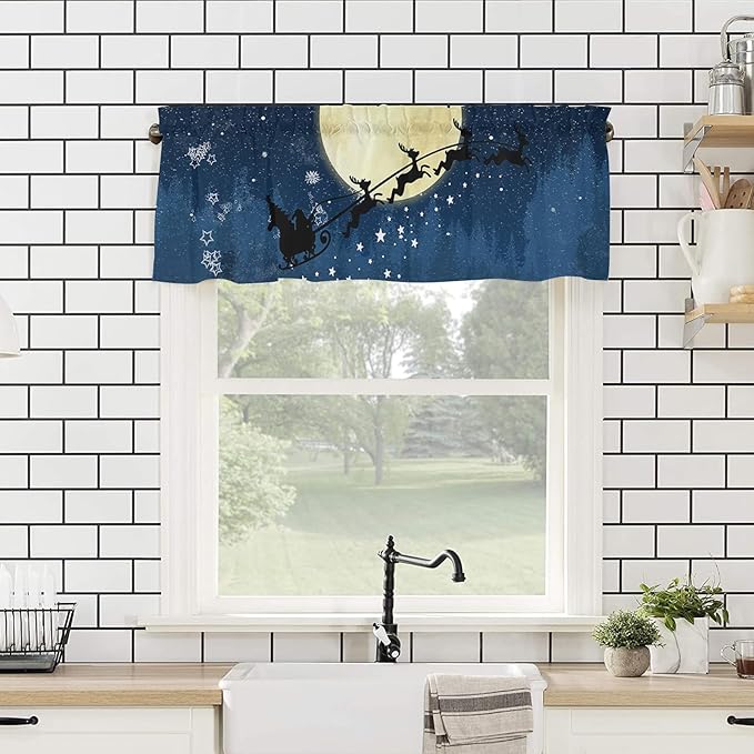 Christmas Valance Kitchen Curtains for Windows, Santa Claus Reindeer Rod Pocket Valances Window Treatments Blue Snowy Night Short Curtains for Bedroom/Living Room, 54" X 18" -1 Panel