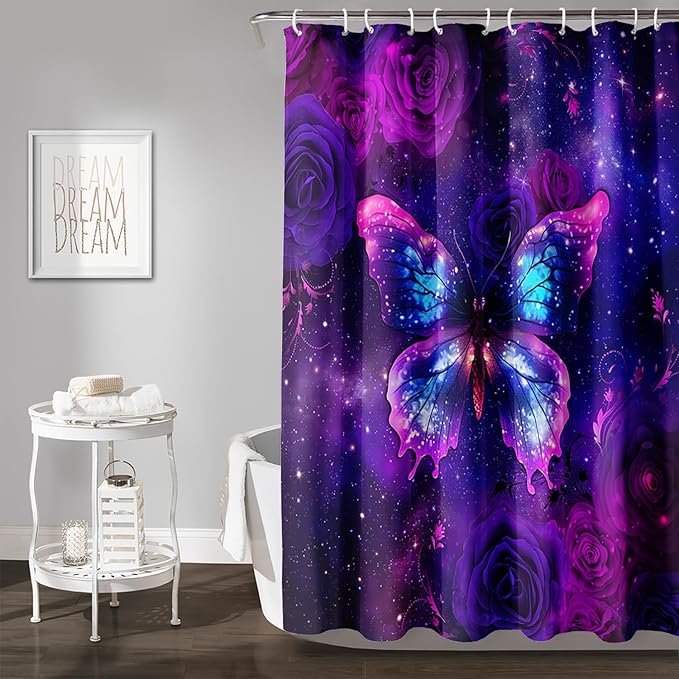 AILONEN Butterfly Shower Curtain Bathroom 72" W*78" H Sparkly Purple Butterfly and Rose Curtain Cloth Fabric Bathroom for Girls Kids,Deep Purple Shower Curtain Set