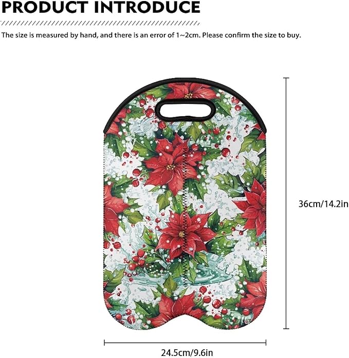 doginthehole Christmas Flowers Wine Carrier Tote Bag Two Bottle Champagne Carrying Bags Aesthetic Poinsettia Neoprene Wine/Water Bottle Holder with Carry Handle for Christmas Party, Travel