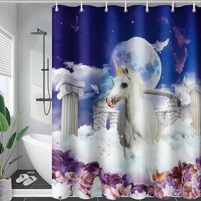 AILONEN Unicorn Shower Curtain, Holy Unicorn Theme Shower Curtain for Girls Teens Bathroom,3D Flower Butterfly Waterproof Fabric Shower Curtain Set,60" W*72" H