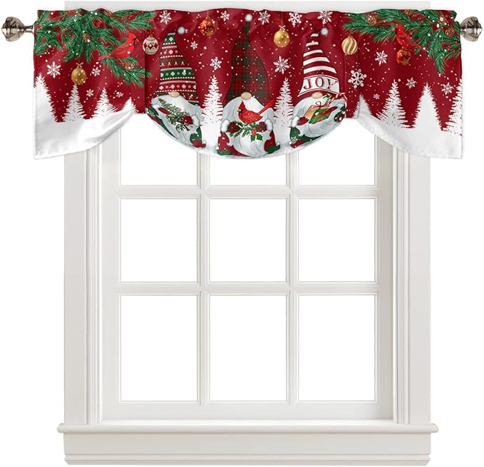 Christmas Gnomes Blackout Tie Up Valance Curtains for Kitchen Windows Red Winter Holidays Window Toppers Balloon Shades for Living Room/Bathroom/Bedroom,1 Panel,54" X 18" White Snowflakes Xmas Trees