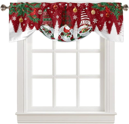Christmas Gnomes Blackout Tie Up Valance Curtains for Kitchen Windows Red Winter Holidays Window Toppers Balloon Shades for Living Room/Bathroom/Bedroom,1 Panel,42" X 18" White Snowflakes Xmas Trees