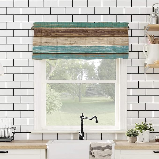 Rustic Farmhouse Valances Curtains for Kitchen Windows, Retro Wood Rod Pocket Curtain Toppers Teal Green Brown Country Short Curtains Treatments for Bedroom/Living Room/Bathroom,54" X 18"-1 Panel