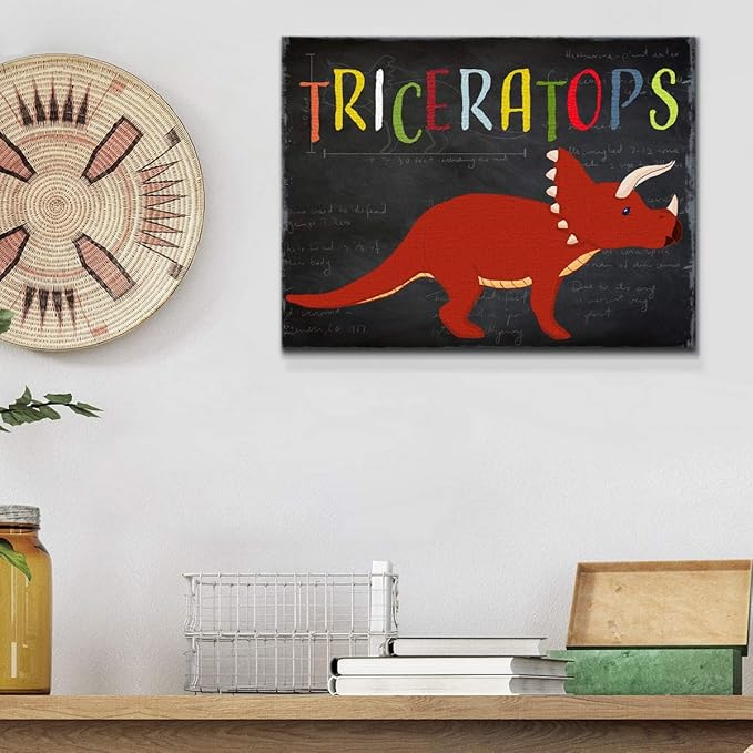 Renditions Gallery Canvas Animal Wall Art Modern Decorations Paintings Colorful Playful Triceratops Vibrant Dinosaur Canvas Wall Hanging Artwork for Kids Bedroom Nursery - 18"x27" LT33