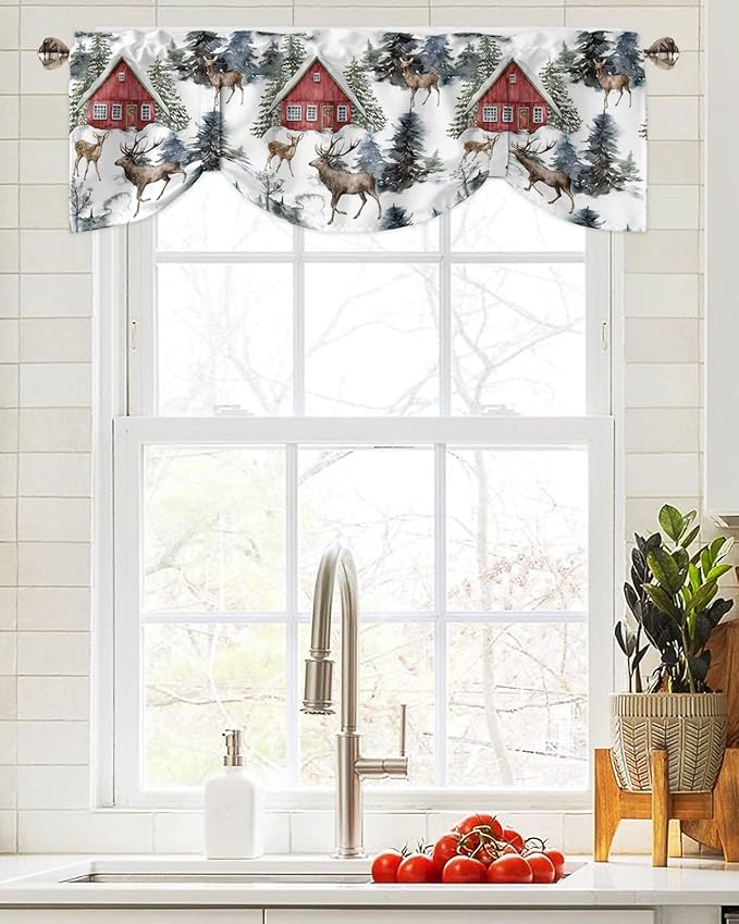 Christmas Blackout Tie Up Valance Curtains for Kitchen Windows Red Farmhouse Barn Window Toppers Balloon Shades for Living Room/Bathroom/Bedroom,1 Panel,54" X 18" Elk