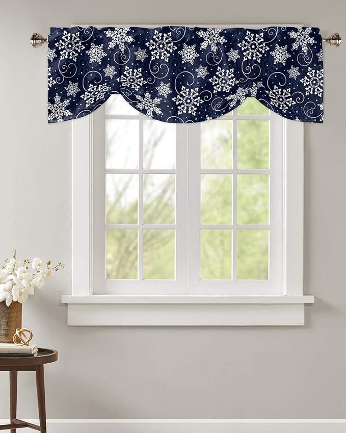 Christmas Blackout Tie Up Valance Curtains for Kitchen Windows White Navy Snowflakes Pattern Window Toppers Balloon Shades for Living Room/Bathroom/Bedroom,1 Panel, 54" X 18", Winter