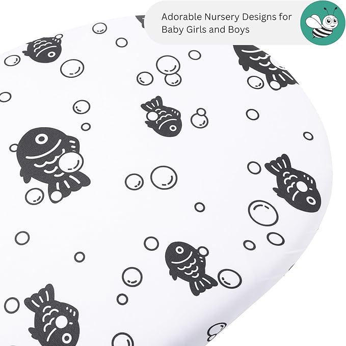TansyPanda 33 x 20 Bassinet Sheets Compatible with Papablic, Maxi-COSI Iora, Baby Joy, and Many Other Bassinet Bedside Sleepers, 4PC, Ultra Soft, Breathable Snug Fit, Unisex Boys Girls (Ocean Fish)