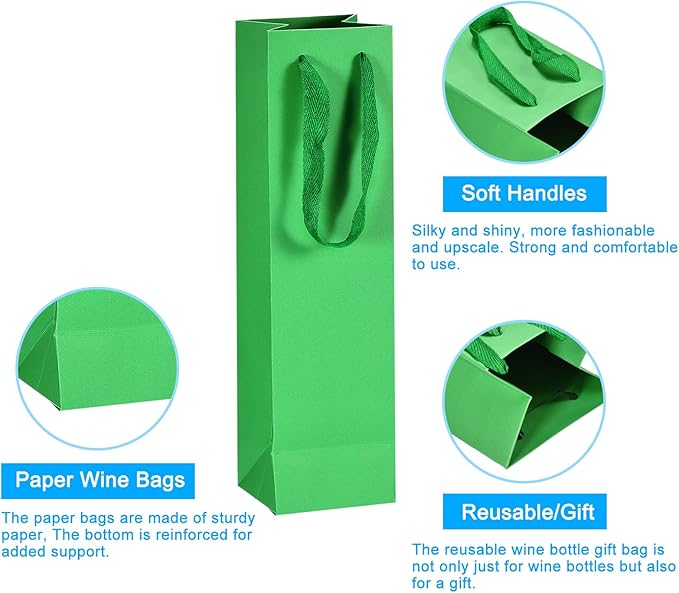 uxcell Wine Bags, 24pcs Grass Green 4 x 4 x 14 In Wine Gift Bags with Handles Paper Wine Tote Bag for Wedding Birthday Christmas Party Supplies