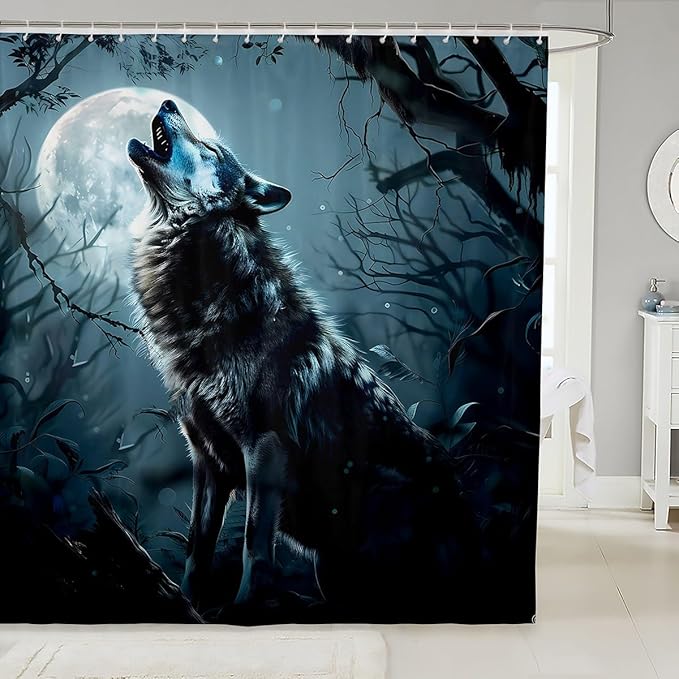 Feelyou Wolf Bath Curtain Wolves Howling Shower Curtain for Kids Lonely woles Bathroom Shower Curtain Set Animal Wolves Kids Bathroom Accessories 72"x72"