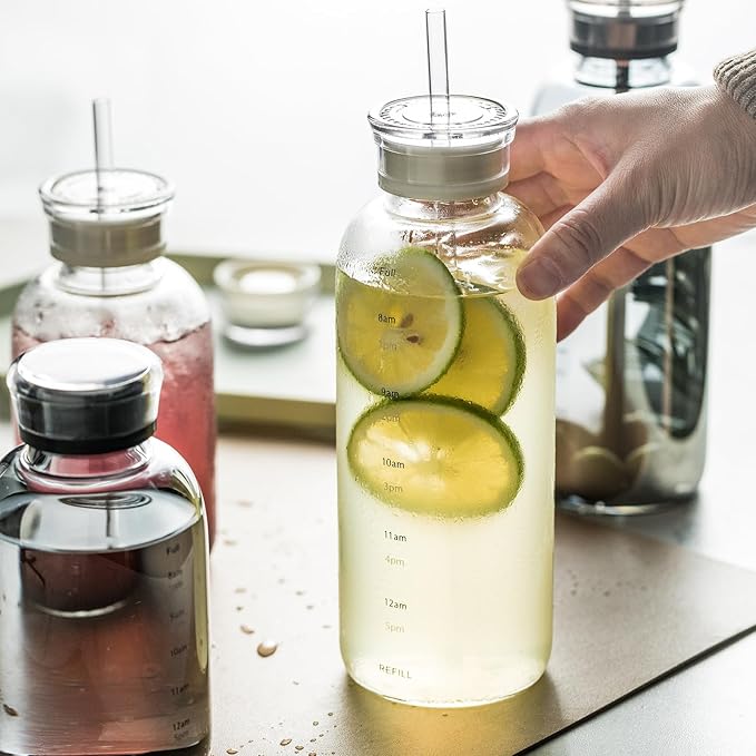 Glass water bottle With Time Marker -15oz with 2 caps and straw,Reusable Glass Drinking Bottles，Suitable For Drinks, Juices, Sodas, Coke, As Gifts Etc (Smoky 15oz)